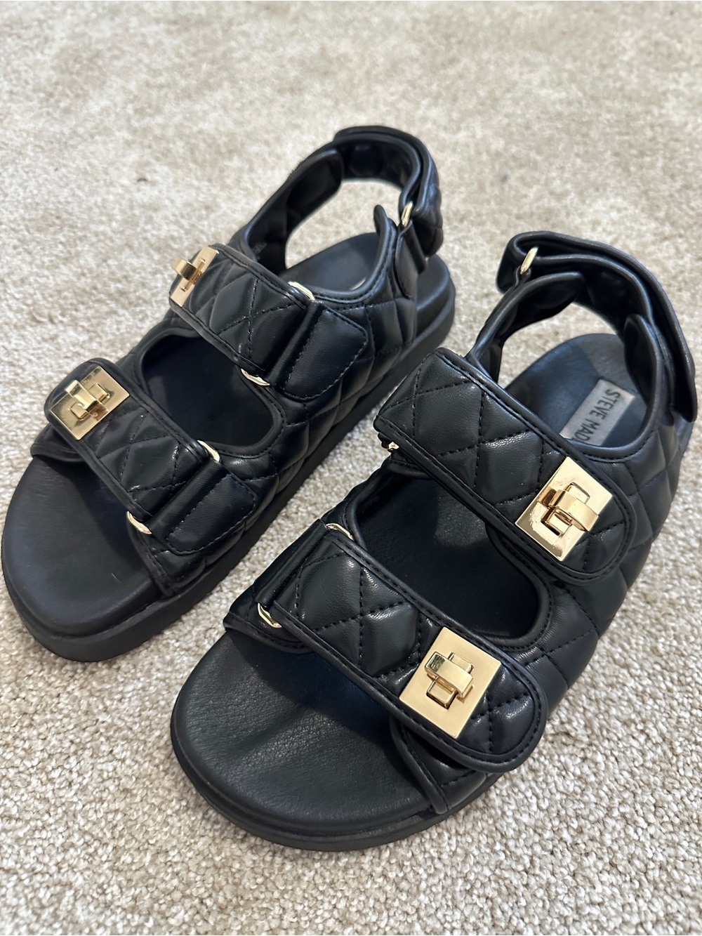 Steve Madden Black Quilted Sandals with Gold Buckles